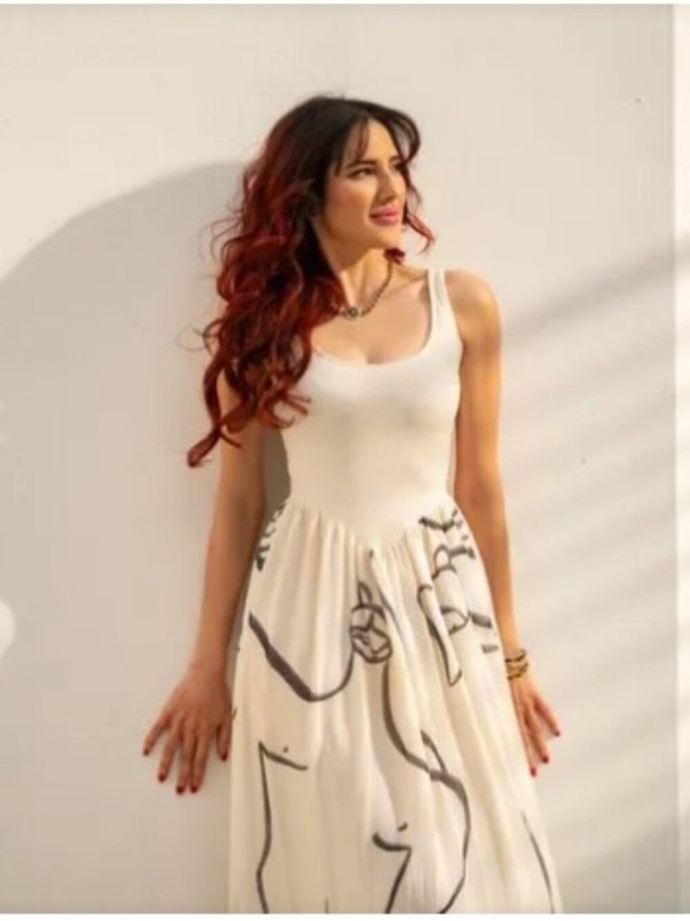 Zara Cream Maxi Dress with Black Abstract Print L